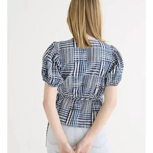 J. Crew Puff Short Sleeve Wrap Top Indigo Patchwork Blue Size XS - Picture 3 of 6